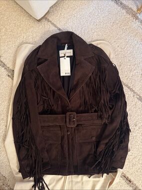NWT Nour Hammour Brown Suede Fringe Belted Jacket